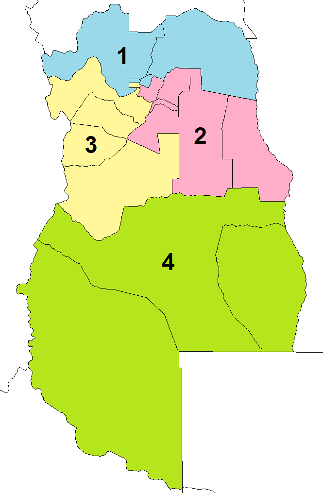 Mapa de las 4 secciones electorales de Mendoza. La sección 4 (verde) corresponde al sur mendocino: San Rafael, General Alvear y Malargüe.